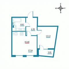 ЖК «Левитан», планировка 1-комнатной квартиры, 42.68 м²