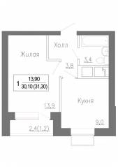 МЖК «Новое Замитино», планировка 1-комнатной квартиры, 31.60 м²