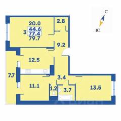 ЖК «Эдельвейс» (ЦентрСтрой), планировка 3-комнатной квартиры, 79.70 м²