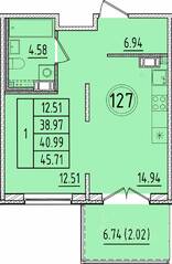 МЖК «Образцовый квартал 17», планировка 1-комнатной квартиры, 38.97 м²