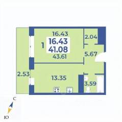 ЖК «Эдельвейс» (ЦентрСтрой), планировка 1-комнатной квартиры, 43.61 м²