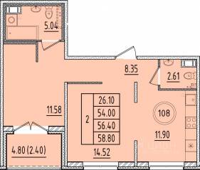 МЖК «Образцовый квартал 17», планировка 2-комнатной квартиры, 54.00 м²