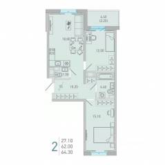 ЖК «Lovo», планировка 2-комнатной квартиры, 64.30 м²