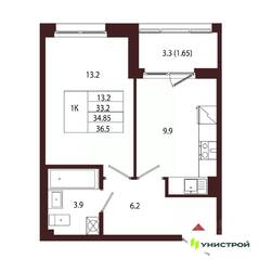 МЖК «Лисино», планировка 1-комнатной квартиры, 34.85 м²