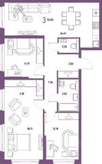 ЖК «Страна.Парковая», планировка 3-комнатной квартиры, 92.83 м²