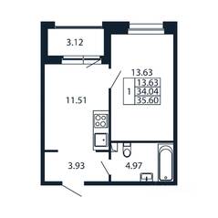 ЖК «Полис Новоселье», планировка 1-комнатной квартиры, 35.16 м²