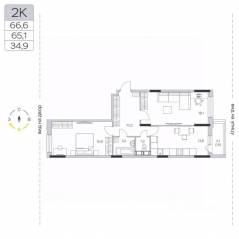 ЖК «Пироговская Ривьера», планировка 2-комнатной квартиры, 65.20 м²