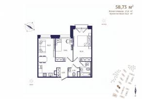 ЖК «Ranta Residence», планировка 2-комнатной квартиры, 58.73 м²