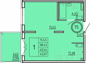 МЖК «Образцовый квартал 16», планировка 1-комнатной квартиры, 38.45 м²