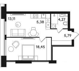 ЖК «Solos», планировка 1-комнатной квартиры, 47.00 м²