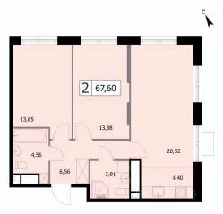 ЖК «Self», планировка 2-комнатной квартиры, 62.00 м²
