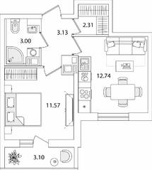 ЖК «Кинопарк», планировка 1-комнатной квартиры, 34.30 м²