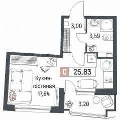 ЖК «Авиатор» (Девяткино), планировка студии, 25.83 м²