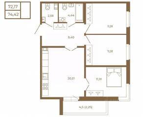 МЖК «Новая история», планировка 3-комнатной квартиры, 74.42 м²