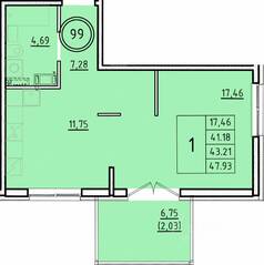 МЖК «Образцовый квартал 16», планировка 1-комнатной квартиры, 41.18 м²