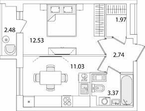 ЖК «Кинопарк», планировка 1-комнатной квартиры, 32.88 м²