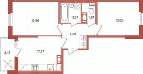 ЖК «Патио», планировка 2-комнатной квартиры, 51.37 м²