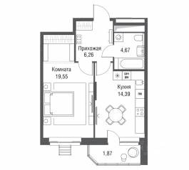 ЖК «Одинбург», планировка 1-комнатной квартиры, 46.74 м²
