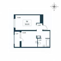 ЖК «Расцветай в Янино», планировка 1-комнатной квартиры, 36.60 м²