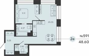 ЖК «Bashni Element», планировка 1-комнатной квартиры, 48.60 м²