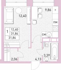 ЖК «Столичный», планировка 1-комнатной квартиры, 31.40 м²