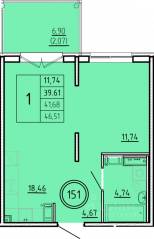 МЖК «Образцовый квартал 16», планировка 1-комнатной квартиры, 39.61 м²