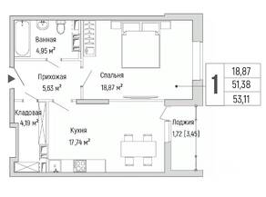 ЖК «Riga Hills», планировка 1-комнатной квартиры, 53.11 м²