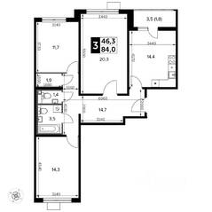 ЖК «Южная Битца», планировка 3-комнатной квартиры, 84.10 м²