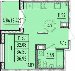 МЖК «Образцовый квартал 17», планировка 1-комнатной квартиры, 32.08 м²