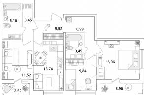 ЖК «Cube», планировка 3-комнатной квартиры, 80.20 м²