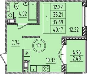 МЖК «Образцовый квартал 14», планировка 1-комнатной квартиры, 35.21 м²
