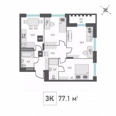 ЖК «Зеленоград Ривьера», планировка 3-комнатной квартиры, 77.10 м²