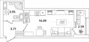 ЖК «БелАрт», планировка студии, 25.00 м²
