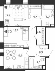 ЖК «Жилой квартал Shagal», планировка 2-комнатной квартиры, 67.00 м²