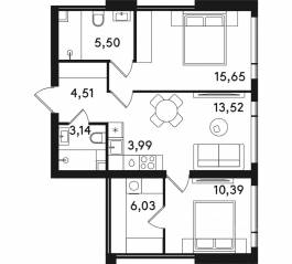 ЖК «Solos», планировка 2-комнатной квартиры, 62.73 м²