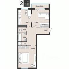 МЖК «Новокасимово», планировка 2-комнатной квартиры, 63.40 м²