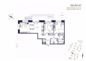 ЖК «Ranta Residence», планировка 2-комнатной квартиры, 66.02 м²