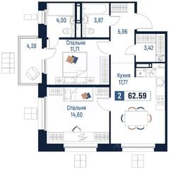 ЖК «Максималист», планировка 2-комнатной квартиры, 62.59 м²