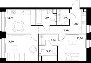 ЖК «Nova», планировка 2-комнатной квартиры, 61.55 м²