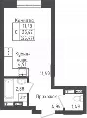 ЖК «Зеленый Оазис-Город», планировка студии, 25.67 м²