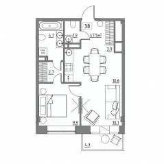 Апарт-комплекс «Residence 15», планировка 2-комнатной квартиры, 47.50 м²