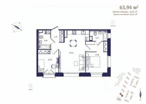 ЖК «Ranta Residence», планировка 2-комнатной квартиры, 63.94 м²