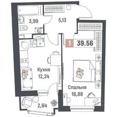 ЖК «Авиатор» (Девяткино), планировка 1-комнатной квартиры, 39.56 м²