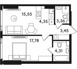 ЖК «Solos», планировка 1-комнатной квартиры, 48.80 м²