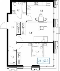ЖК «Skolkovo One», планировка 2-комнатной квартиры, 60.00 м²