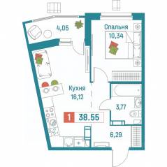 ЖК «Графика», планировка 1-комнатной квартиры, 38.55 м²