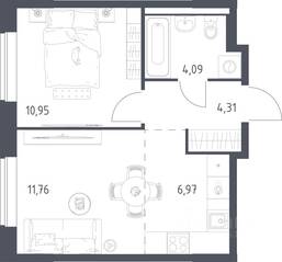 ЖК «Новое Видное», планировка 1-комнатной квартиры, 38.08 м²