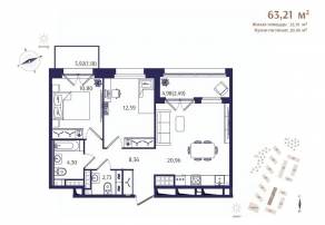 ЖК «Ranta Residence», планировка 2-комнатной квартиры, 63.21 м²