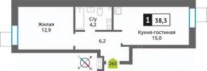 ЖК «Лесная Отрада», планировка 1-комнатной квартиры, 38.30 м²