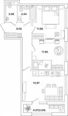 ЖК «Академик», планировка 2-комнатной квартиры, 53.87 м²